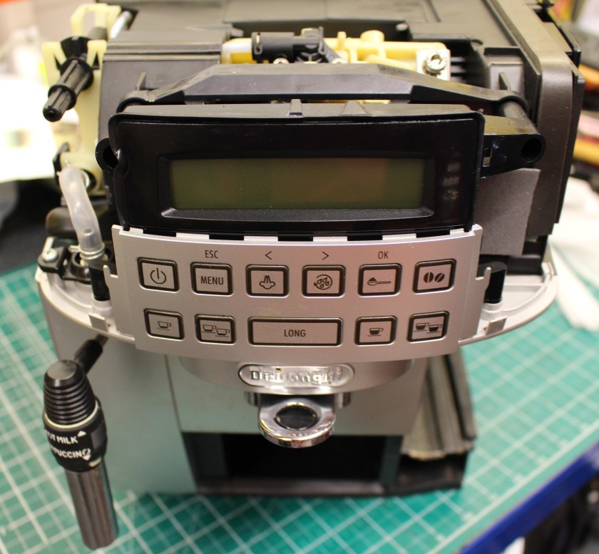 FixIrWorkshop, Worthing, Nov'20, DeLonghi Magnifica S, front with panel removed.